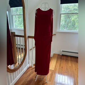Red evening gown with cape by Ralph Lauren